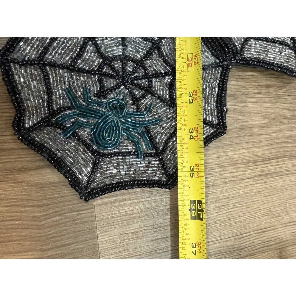 Beaded Black Silver Spiderweb Spider Table Runner / Centerpiece Halloween 36